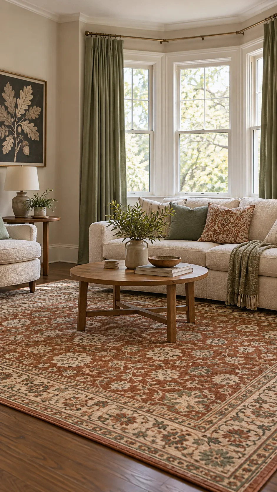 Living room showing pull a secondary color from the pattern with a patterned rug