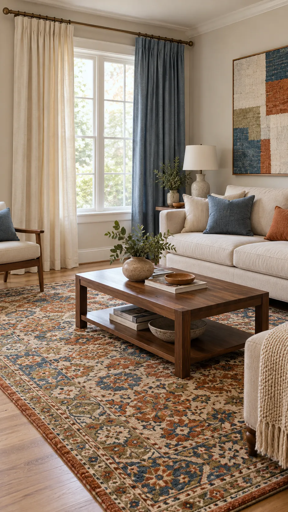 Patterned rug coordinated with cream and muted blue curtain colors