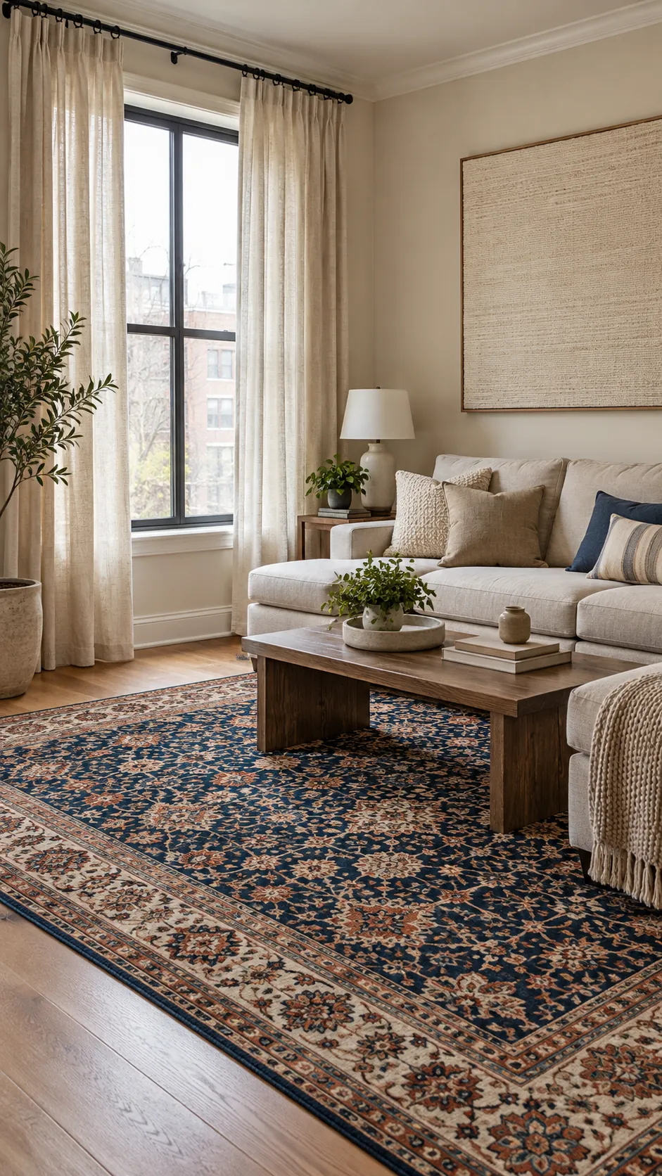 Living room showing use light curtains to protect the rug as the focal point with a patterned rug