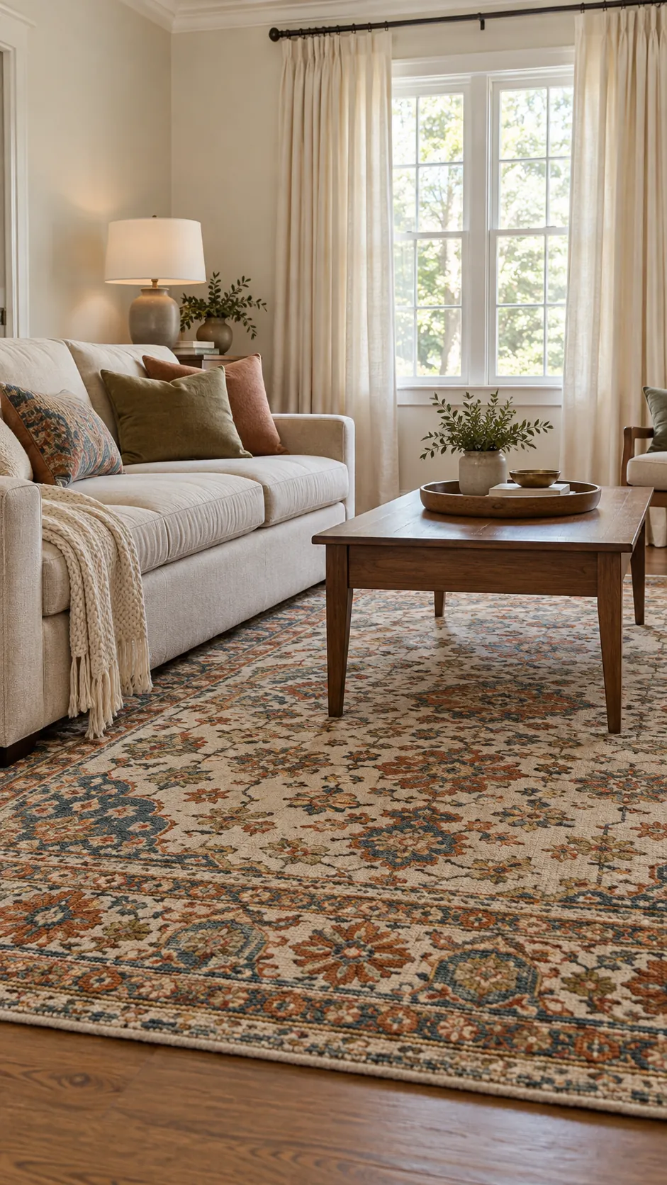 Living room showing start with the rug background color with a patterned rug