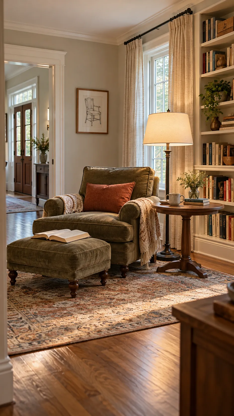 Anchor the Layout With Comfortable Seating in a formal living room reading room conversion
