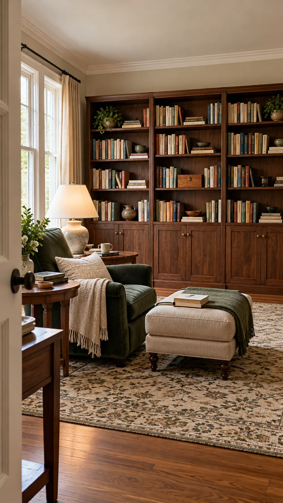Add Shelves in Stages in a formal living room reading room conversion