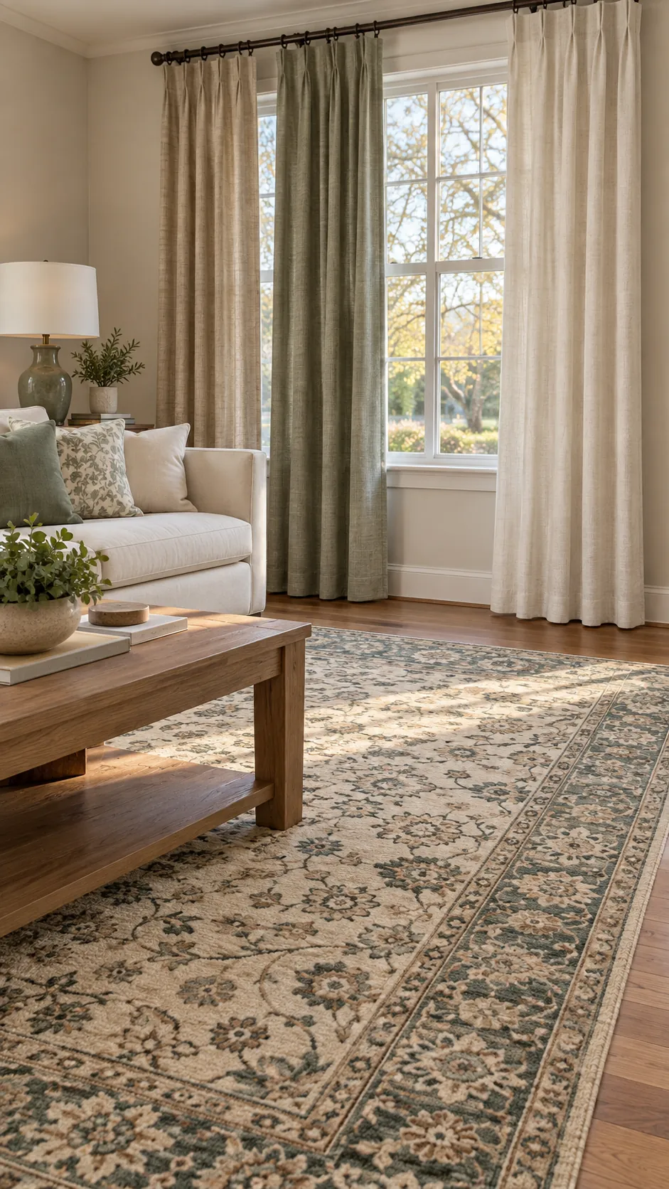 Living room showing test fabric beside the rug in daylight with a patterned rug