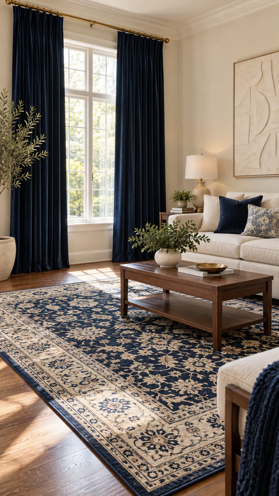Living room showing choose dark curtains only with enough visual support with a patterned rug