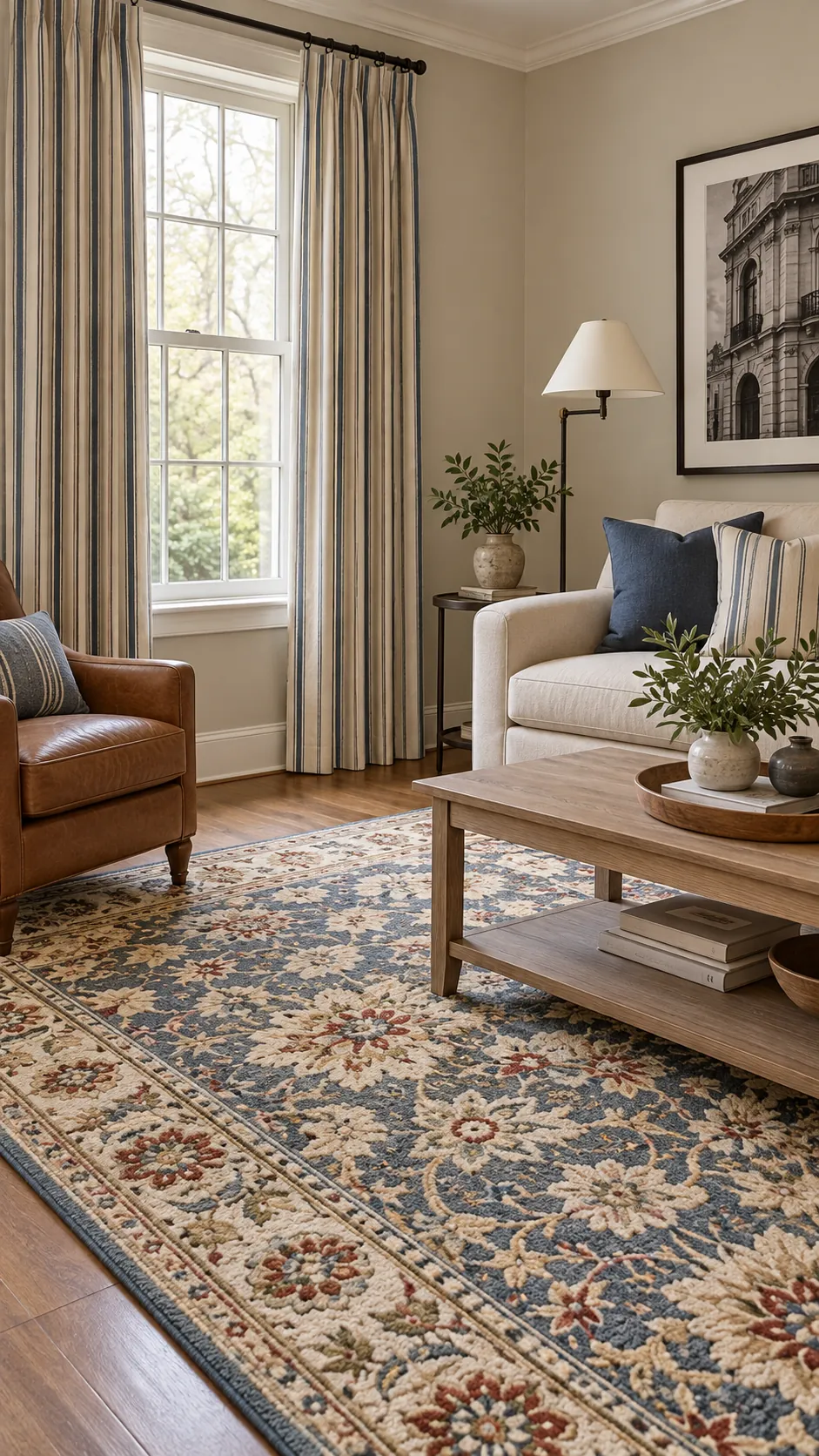 Living room showing mix patterns by changing the scale with a patterned rug