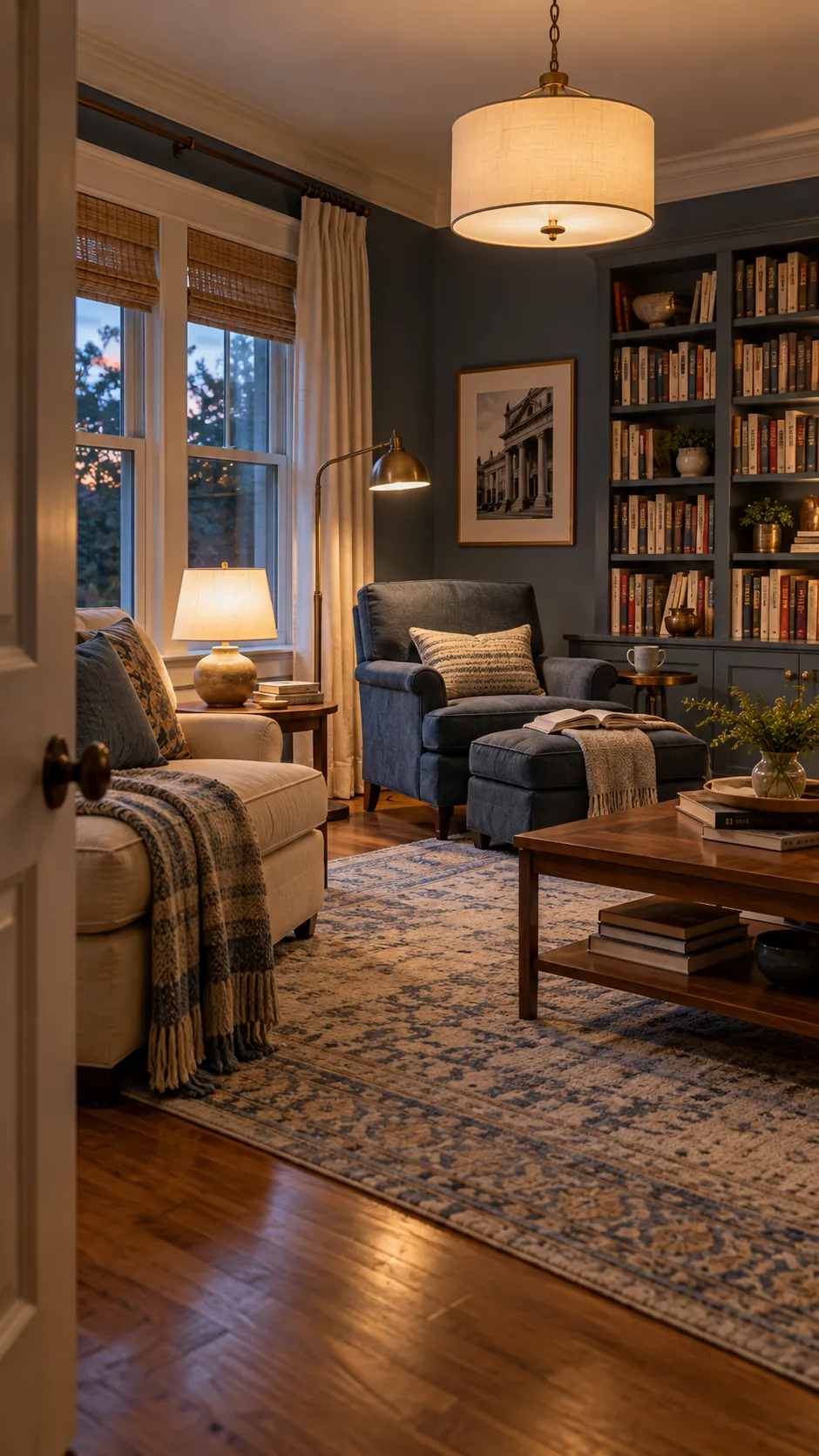 Layer General and Reading Light in a formal living room reading room conversion