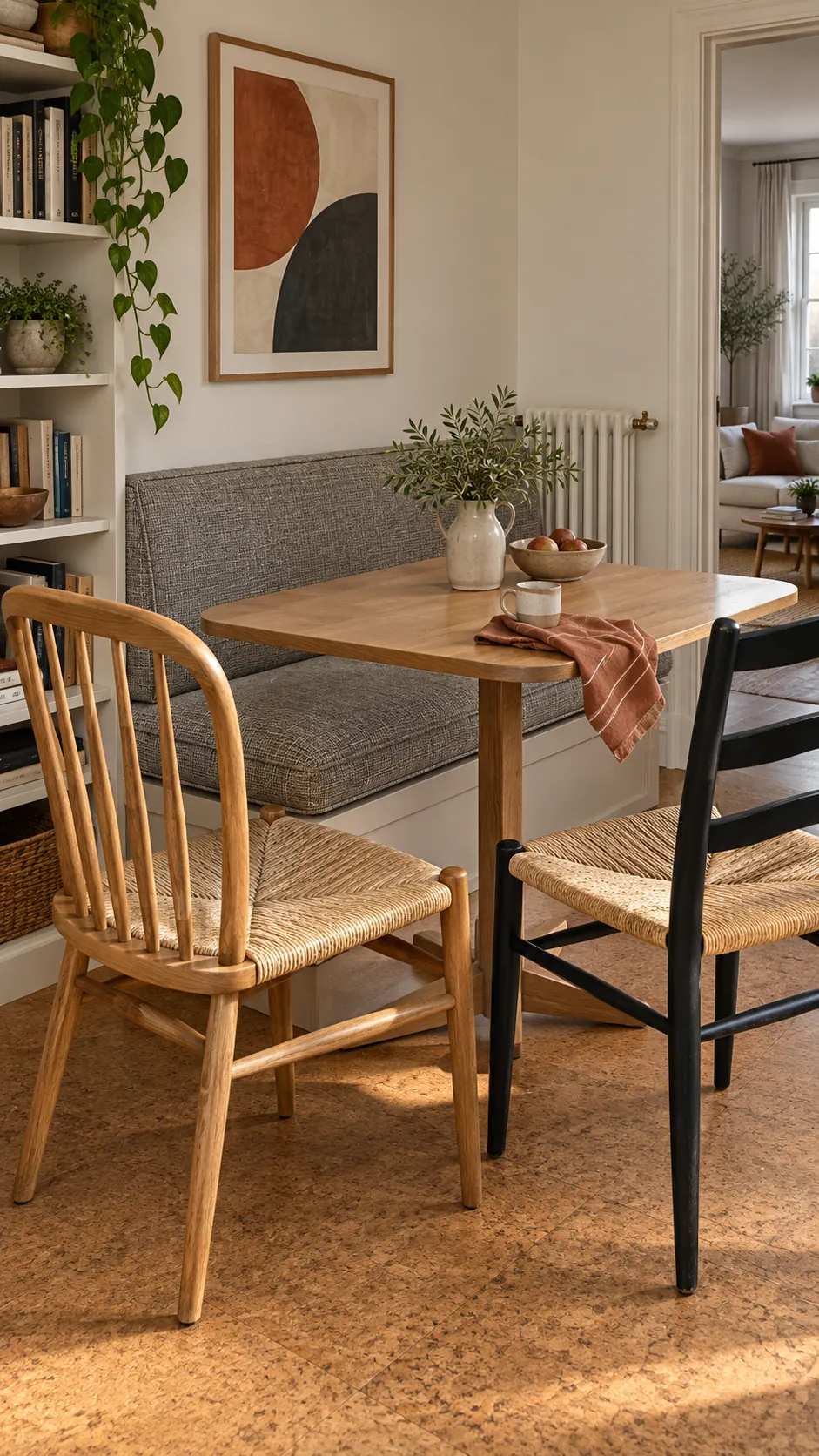 Cohesive bench and open back chairs in a small dining area
