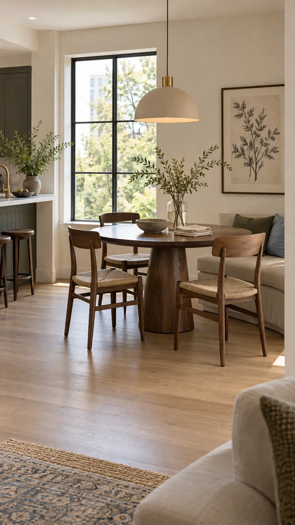 Styled small dining area with a round table clear path and warm pendant