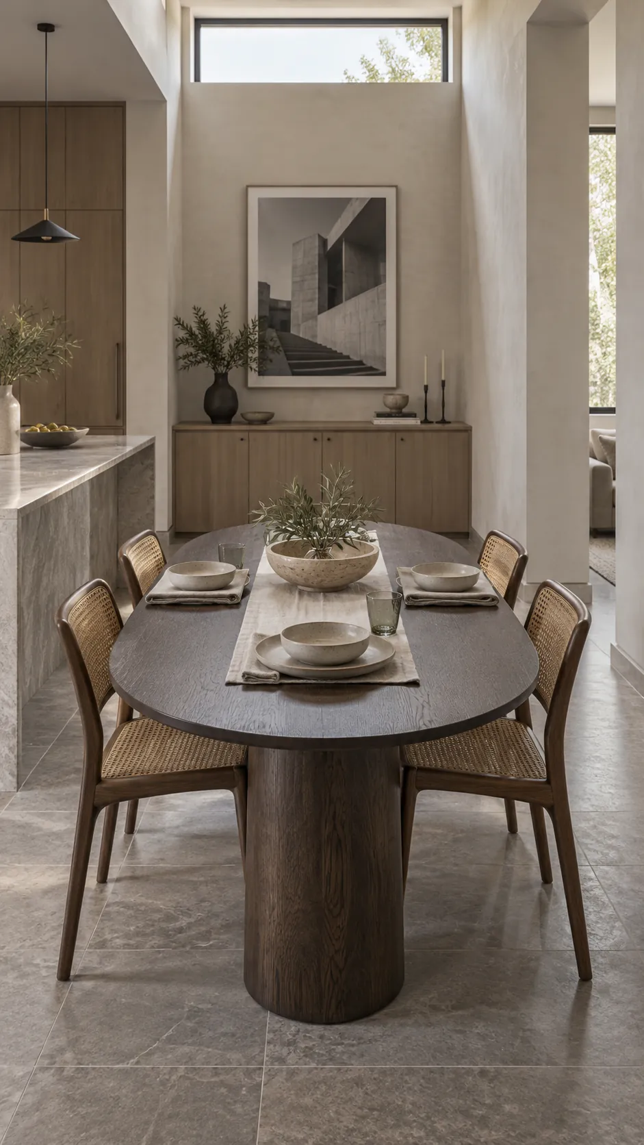 Compact oval dining table with balanced scale in a narrow room