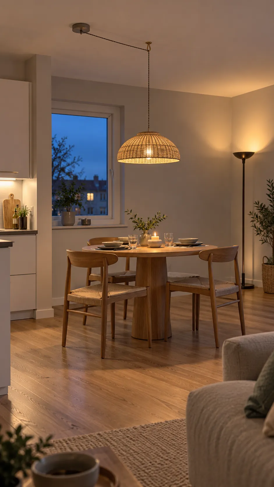 Pendant light centered over a small apartment dining table