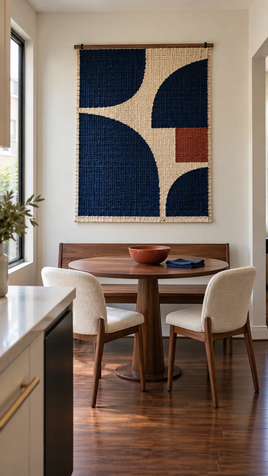 Small dining room with one sculptural textile focal wall