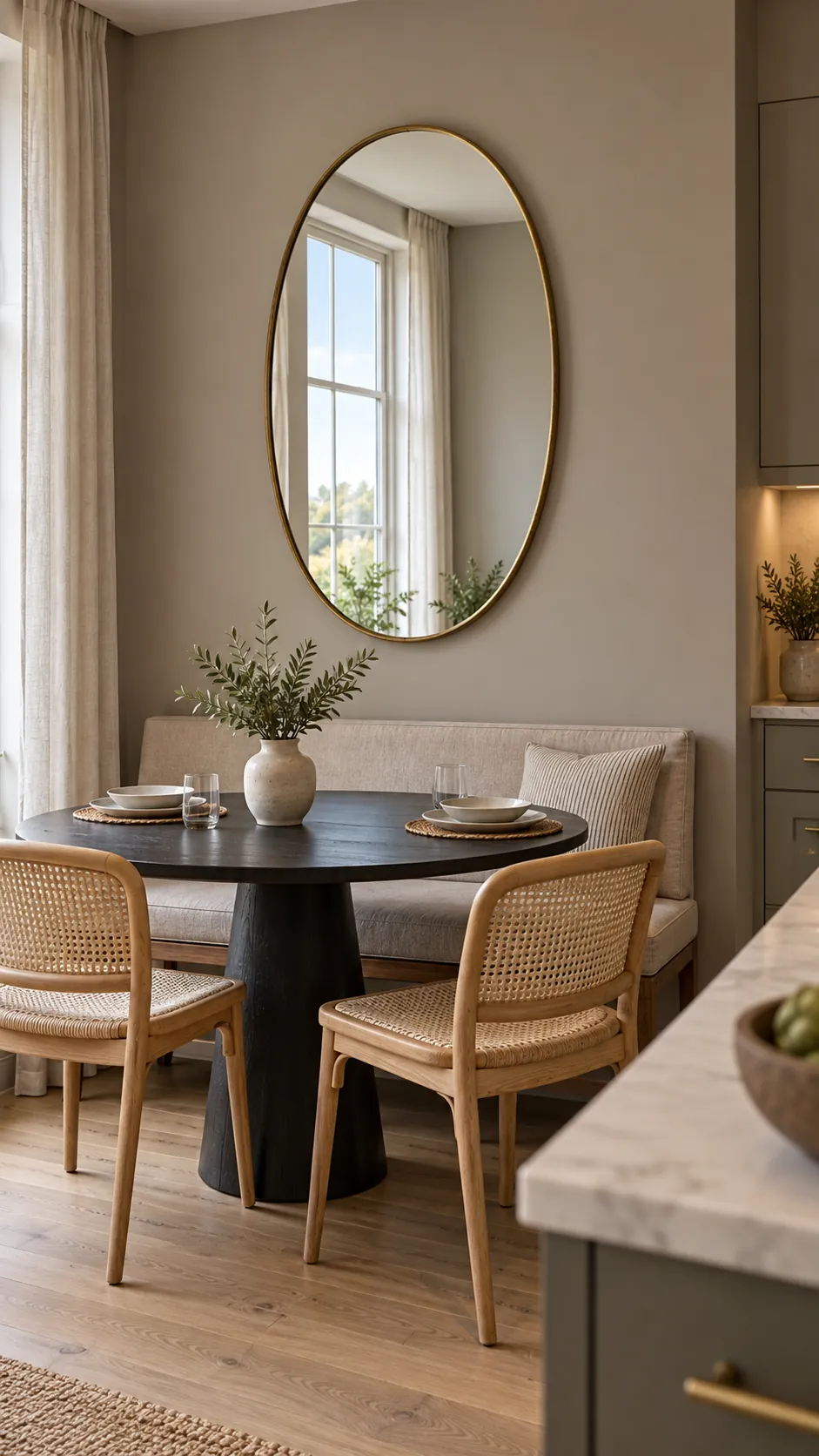 Dining room mirror reflecting a window and quiet wall instead of clutter
