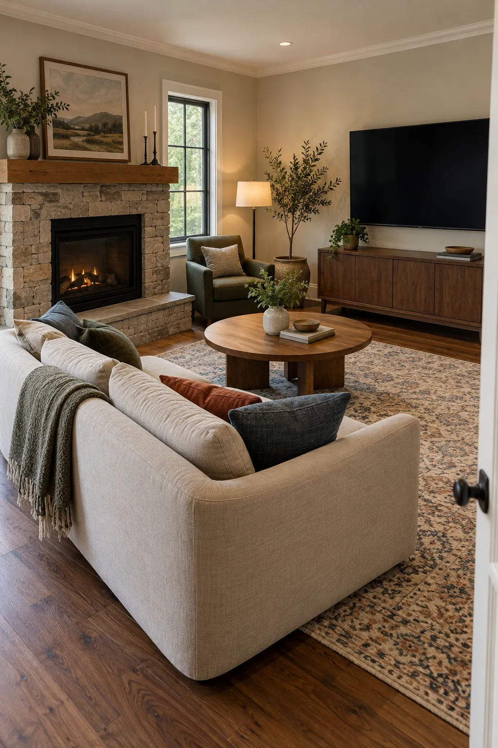 Angle the Sofa Toward the Room Corner with fireplace and television on different walls