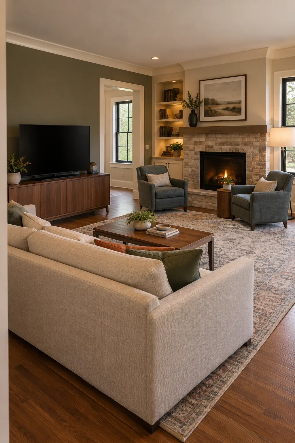 Place a Sofa Facing the TV With Chairs by the Fire with fireplace and television on different walls