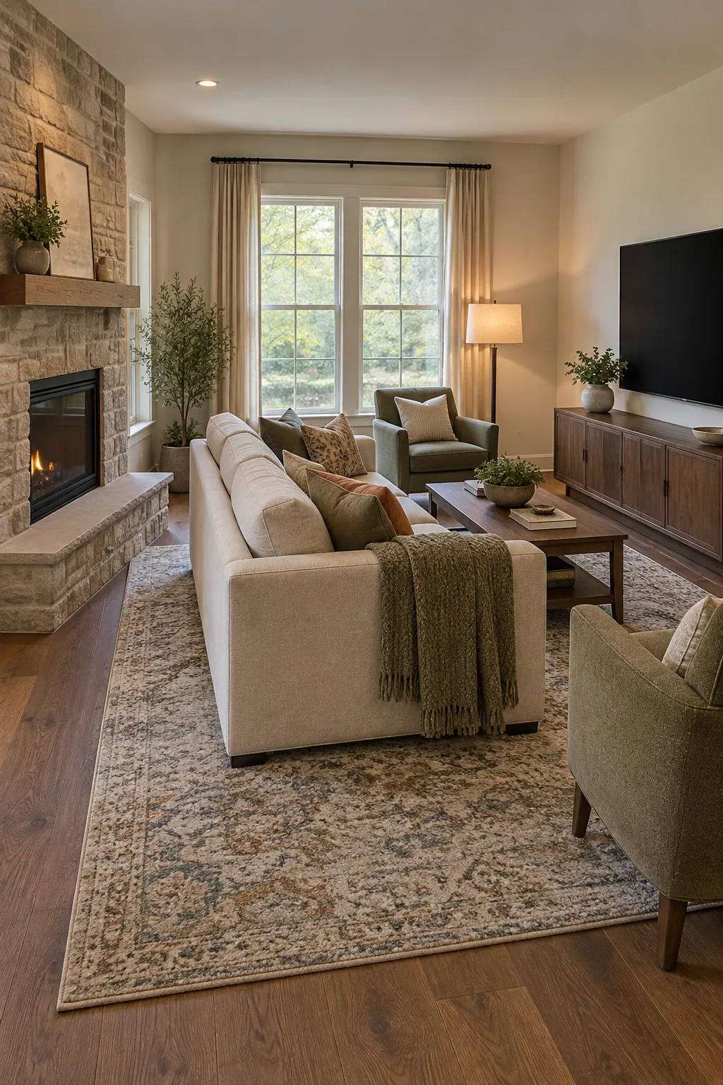 Float the Sofa Between Both Focal Walls with fireplace and television on different walls