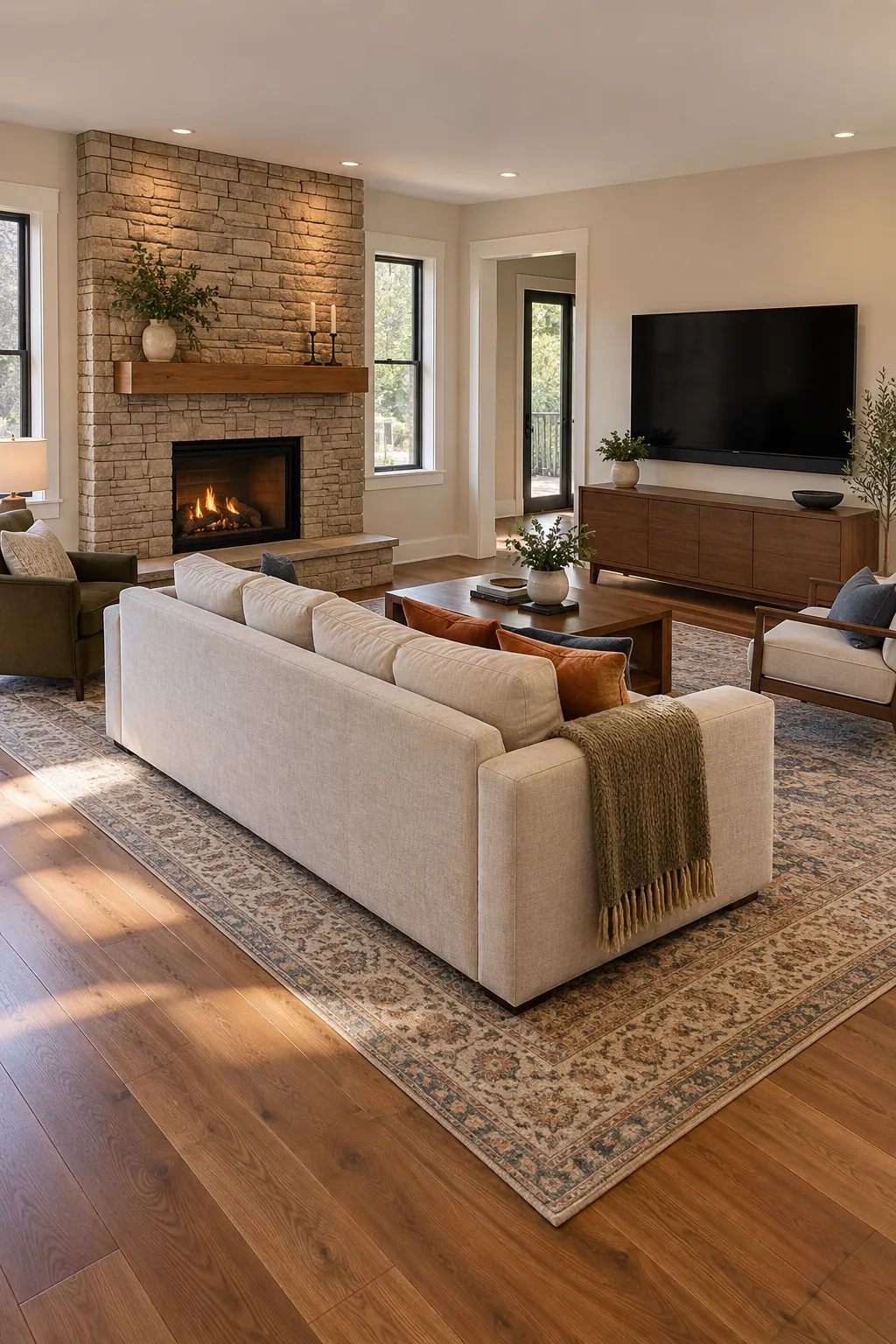 Living room layout balancing a fireplace and television on different walls