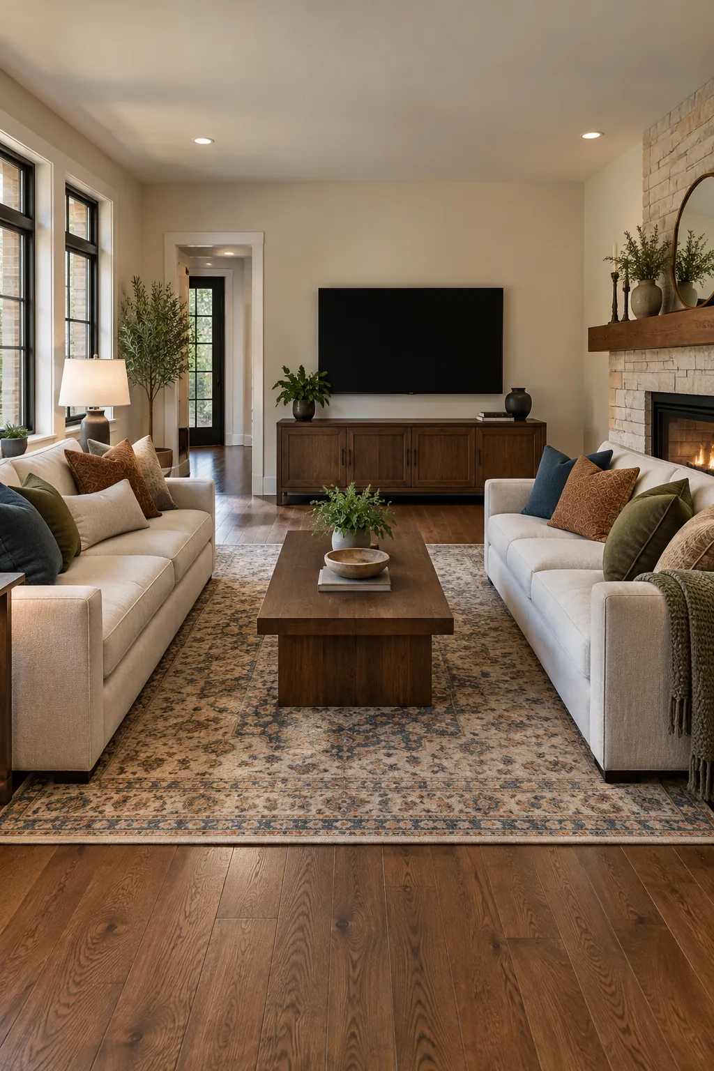 Center Two Sofas Across From Each Other with fireplace and television on different walls
