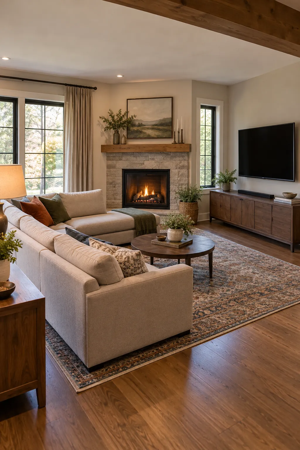 Use a Sectional to Define the Viewing Zone with fireplace and television on different walls
