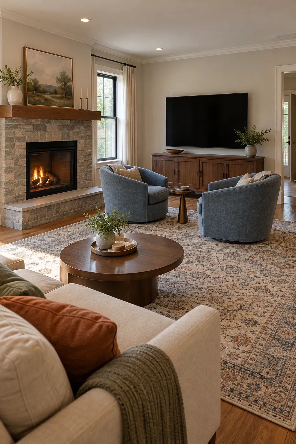 Put Swivel Chairs Between the Focal Points with fireplace and television on different walls