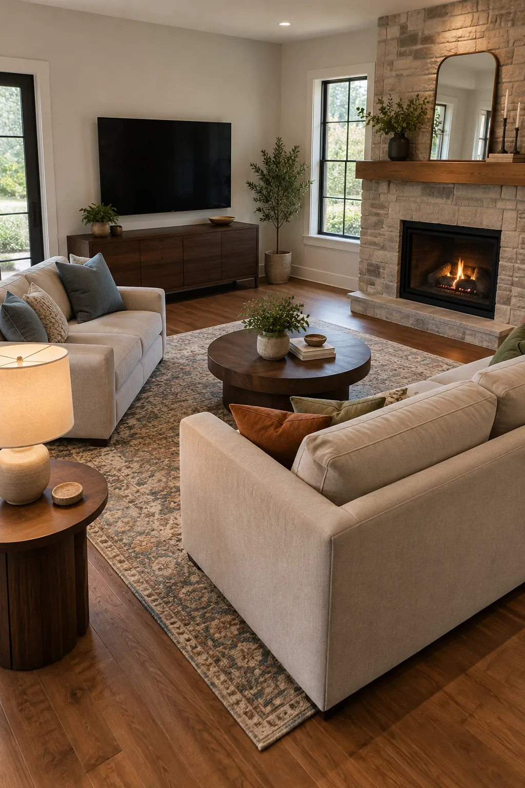 Create an L Shape With Sofa and Loveseat with fireplace and television on different walls