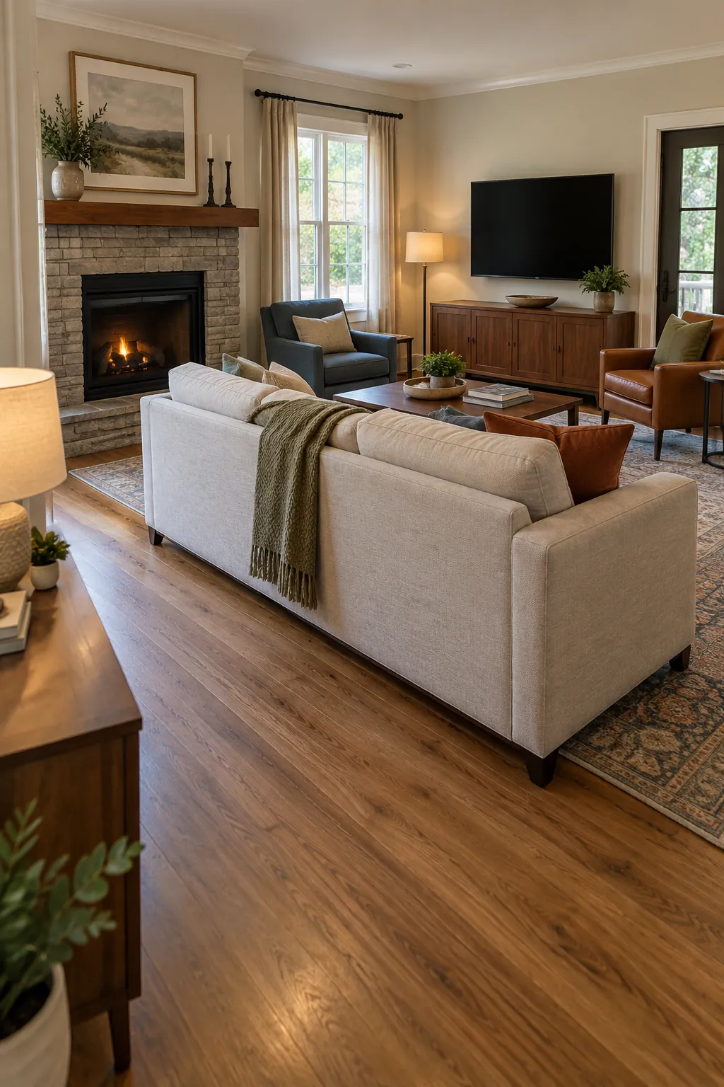 Keep a Walkway Behind the Main Sofa with fireplace and television on different walls