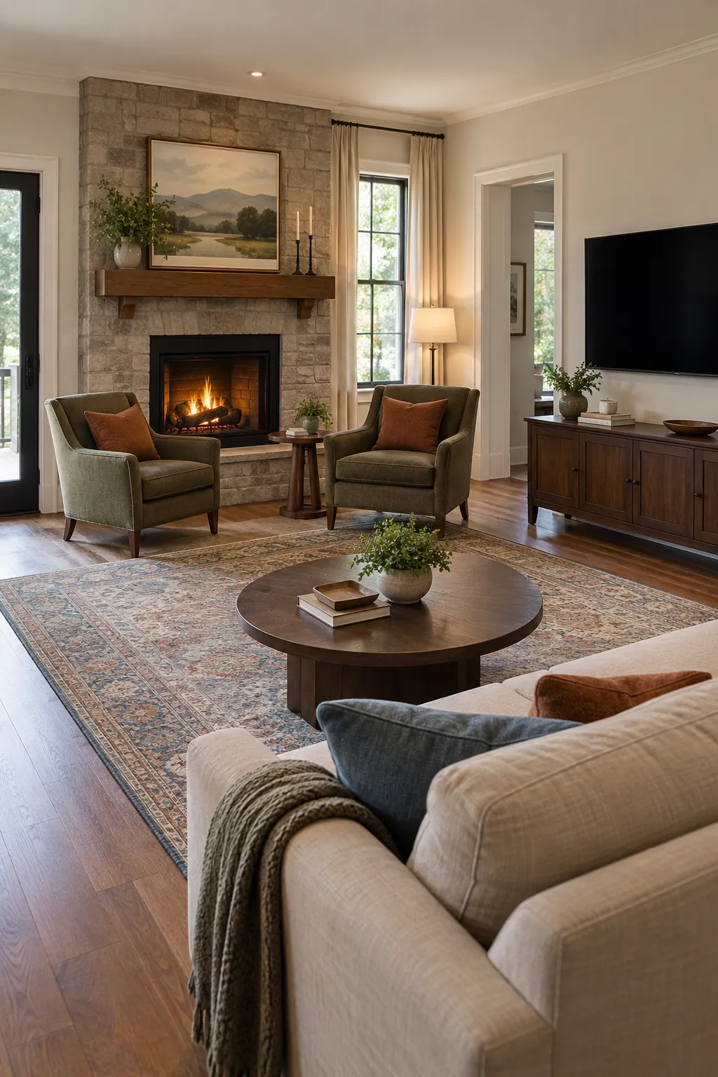 Let the Fireplace Anchor a Conversation Pair with fireplace and television on different walls