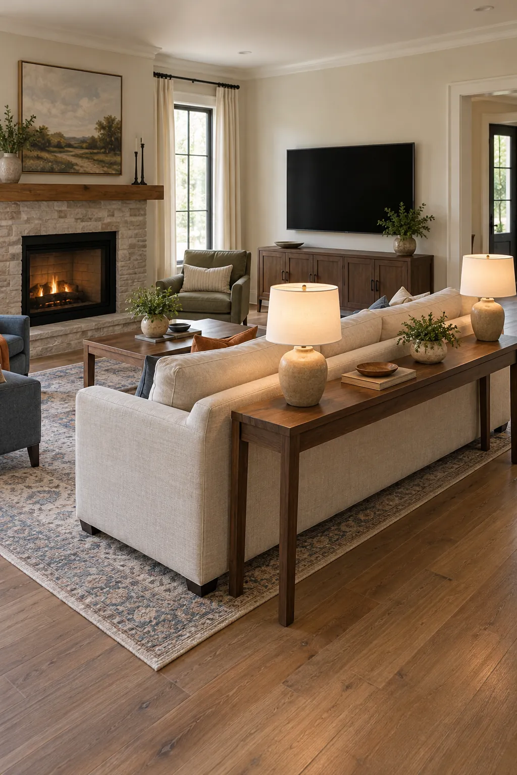 Use a Console to Finish the Floating Sofa with fireplace and television on different walls