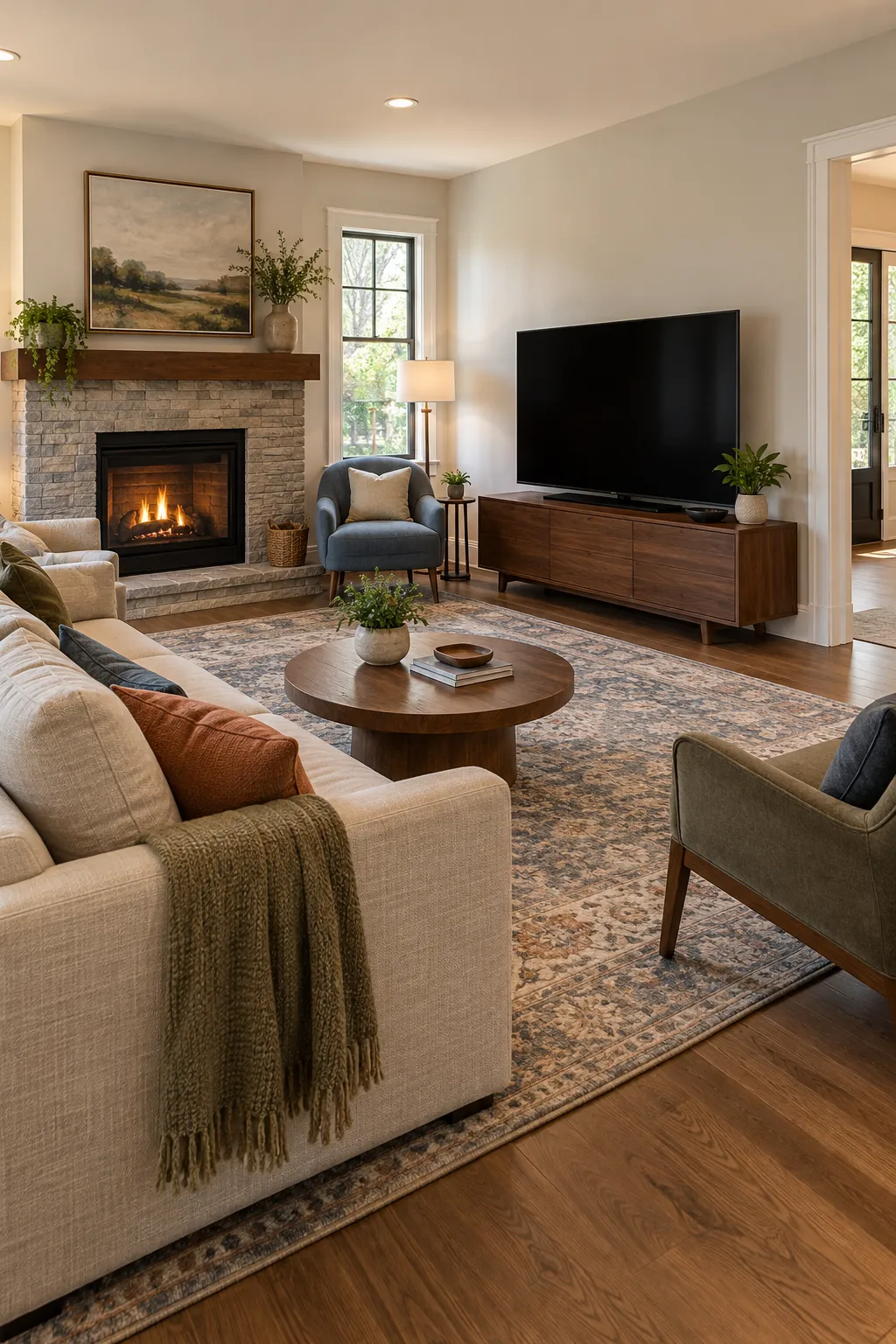Choose a Low Media Unit on the TV Wall with fireplace and television on different walls