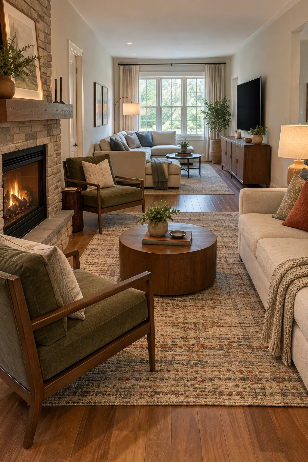 Turn a Narrow Room Into Two Linked Zones with fireplace and television on different walls