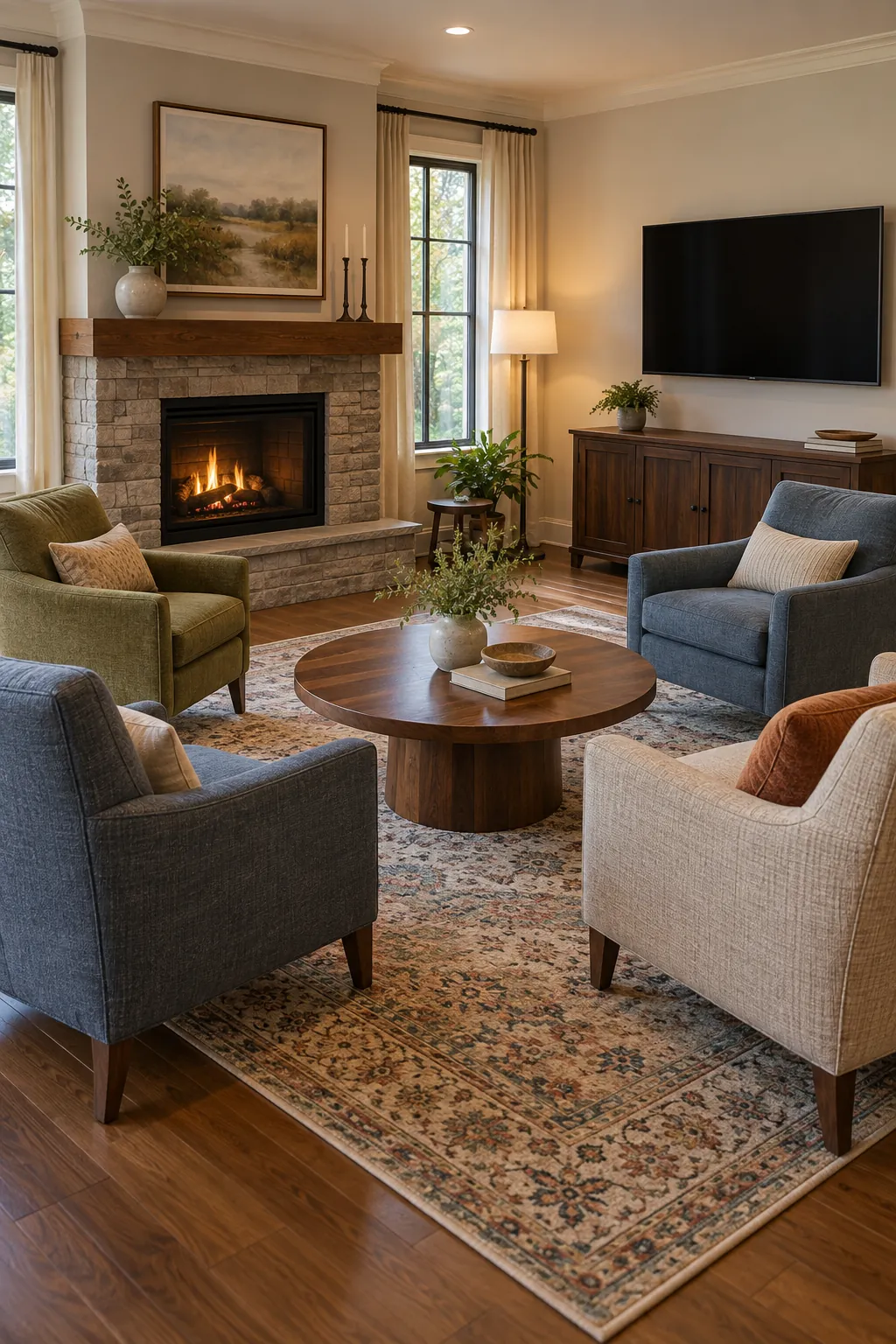 Use Four Chairs Around a Central Table with fireplace and television on different walls