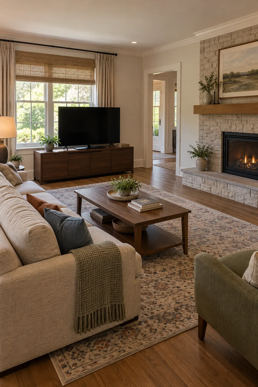 Place the TV Beside a Window With Controlled Glare with fireplace and television on different walls