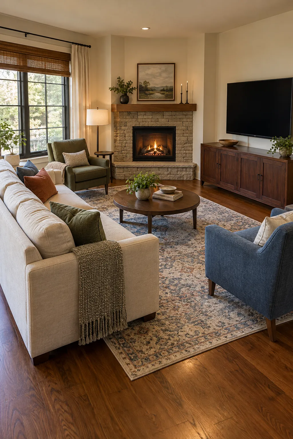 Make a Corner Fireplace Part of the Seating Arc with fireplace and television on different walls