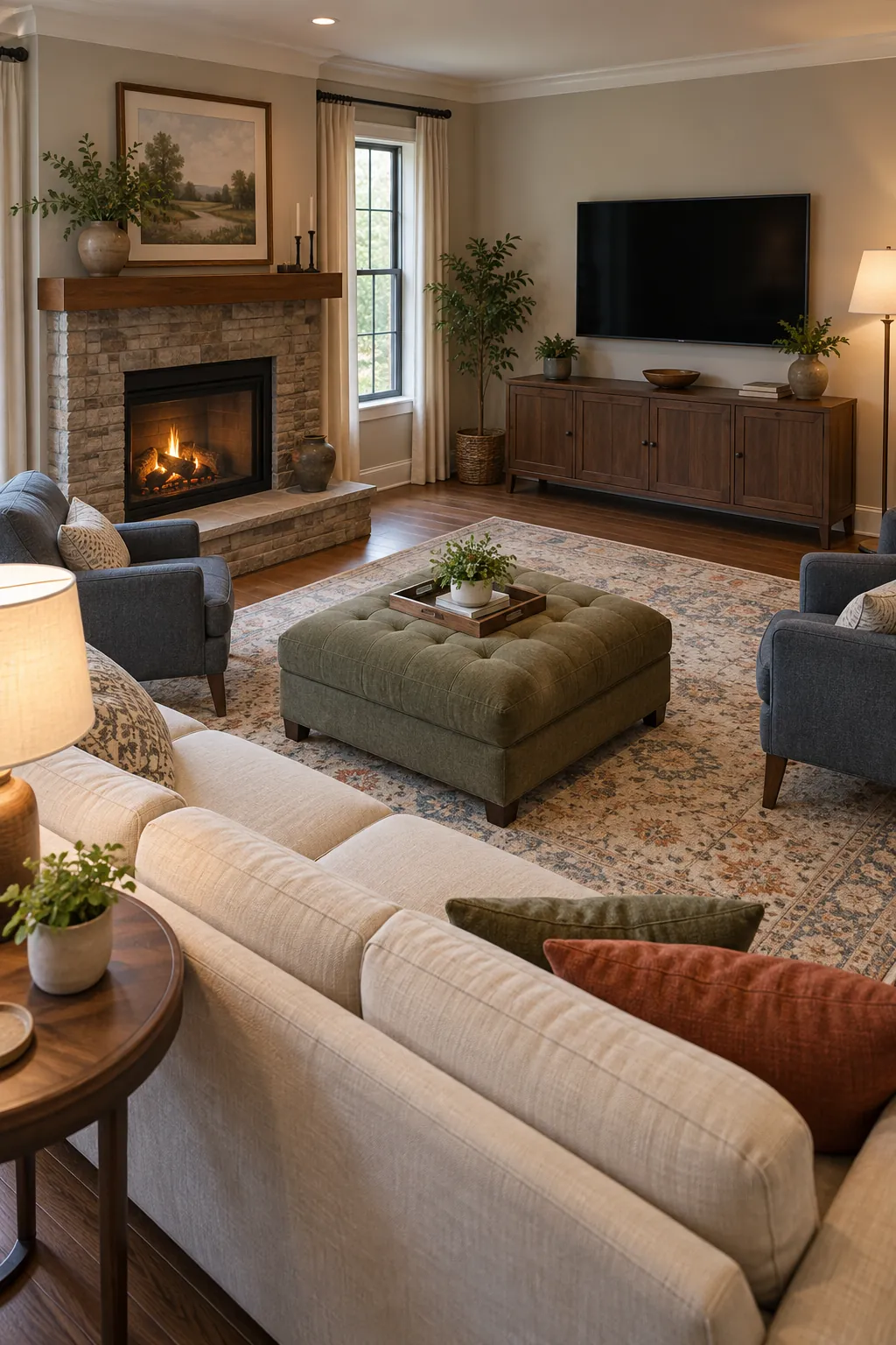 Use an Ottoman Instead of a Fixed Coffee Table with fireplace and television on different walls