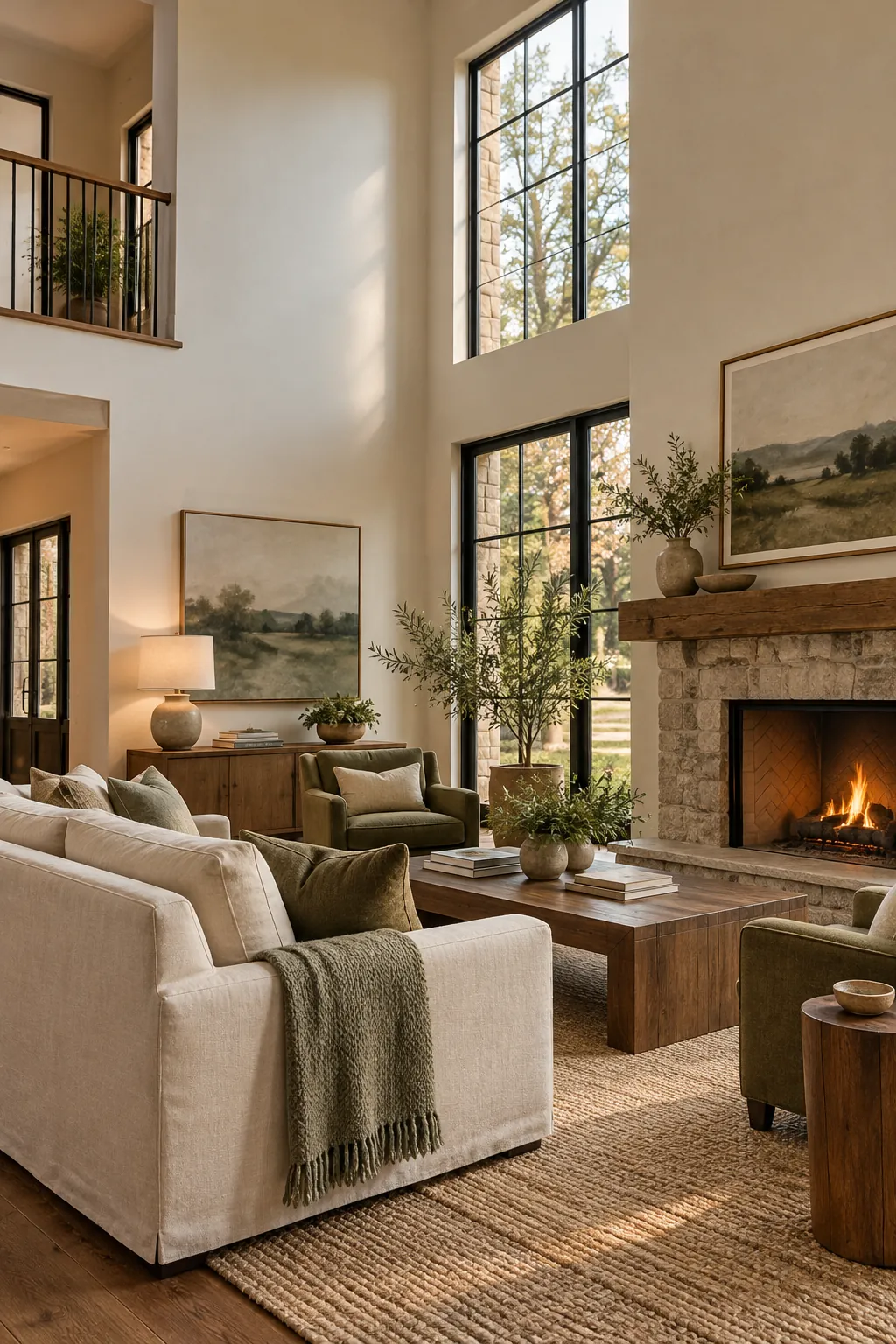 Cozy high ceiling living room with warm layered lighting and grounded seating