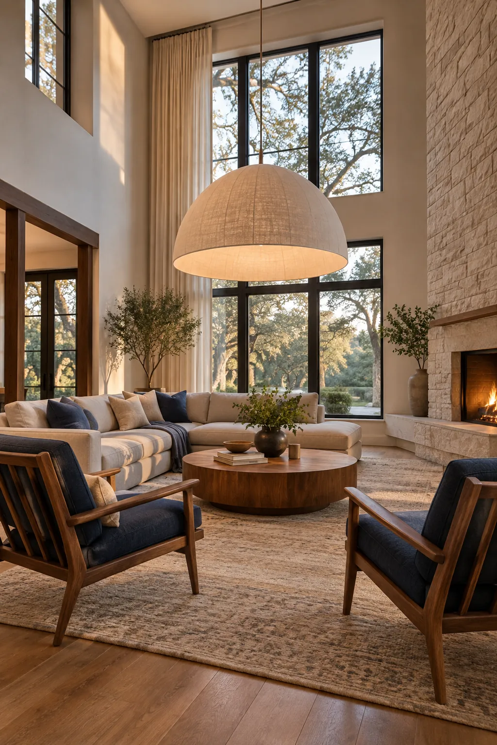 Lower an Oversized Pendant in a cozy high ceiling living room
