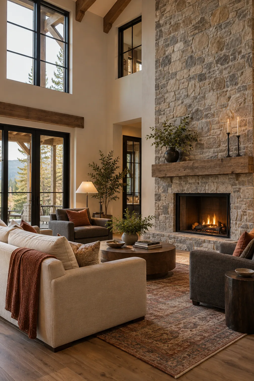 Build a Close Conversation Group in a cozy high ceiling living room