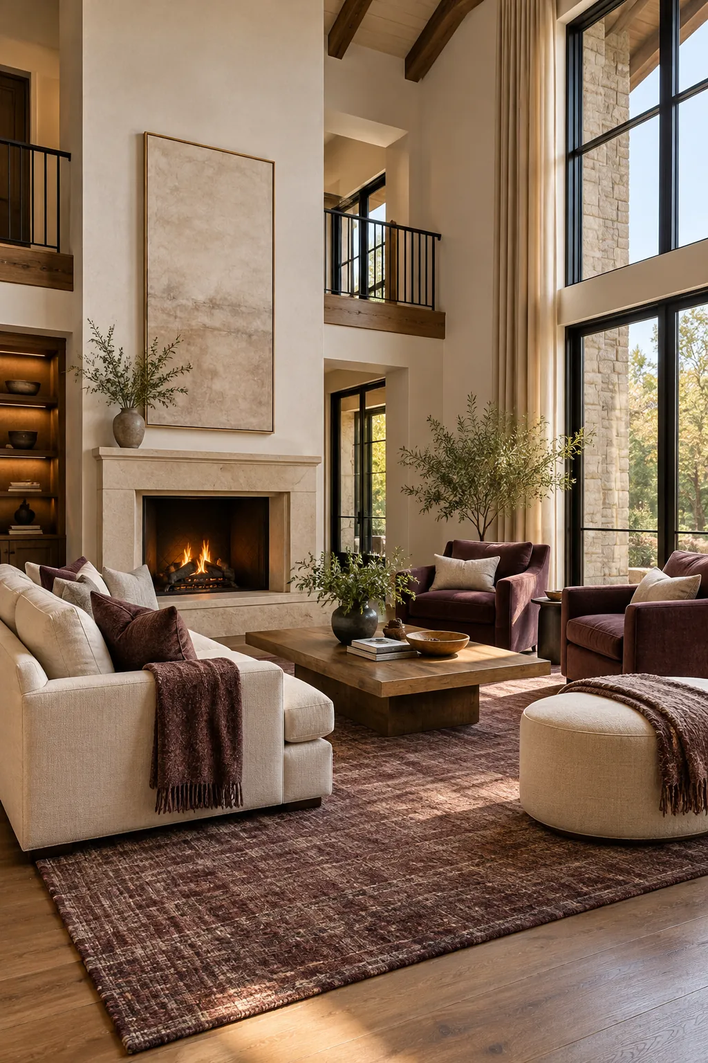 Use a Large Rug to Ground the Seats in a cozy high ceiling living room