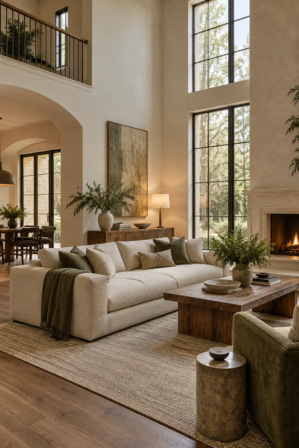 Choose a Sofa With Visual Weight in a cozy high ceiling living room