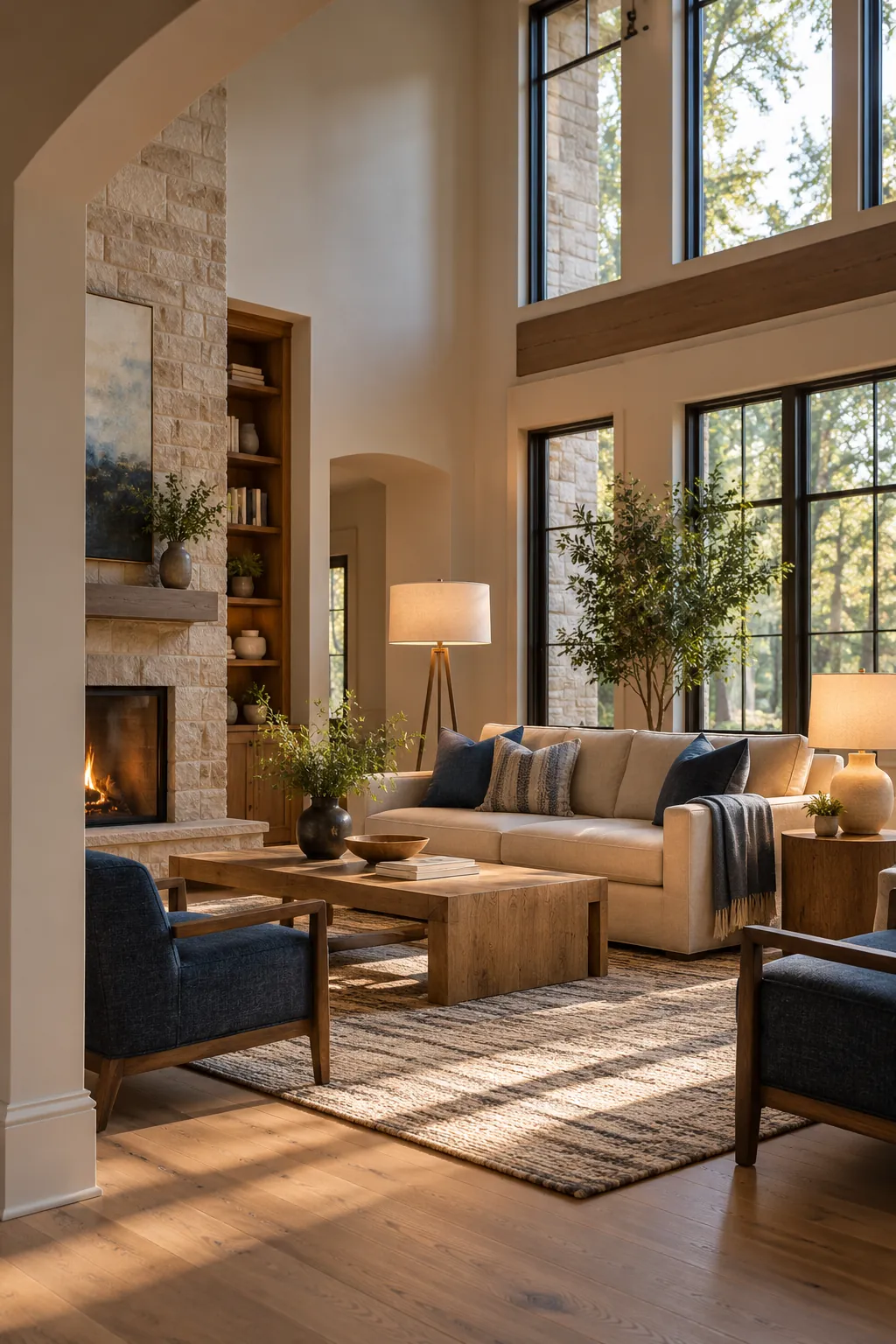 Layer Floor and Table Lamps in a cozy high ceiling living room