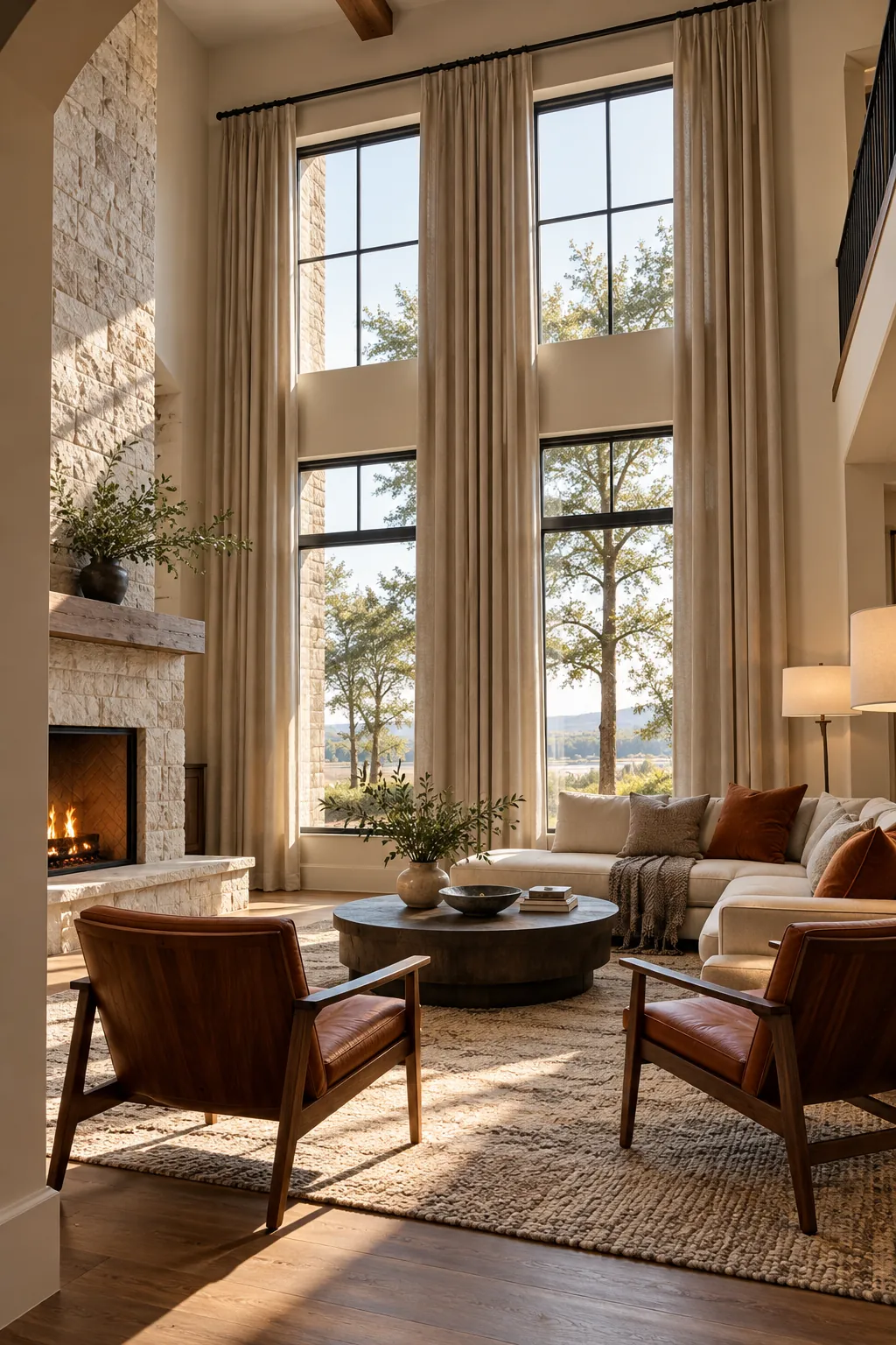 Hang Curtains Above the Windows in a cozy high ceiling living room
