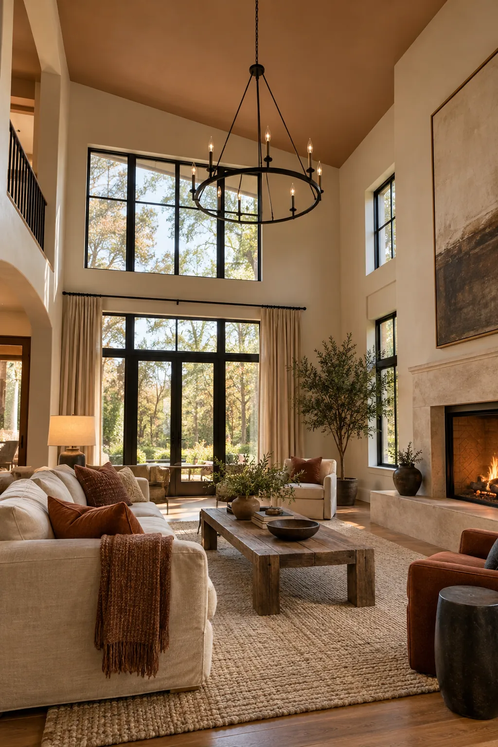 Paint the Ceiling a Warmer Tone in a cozy high ceiling living room