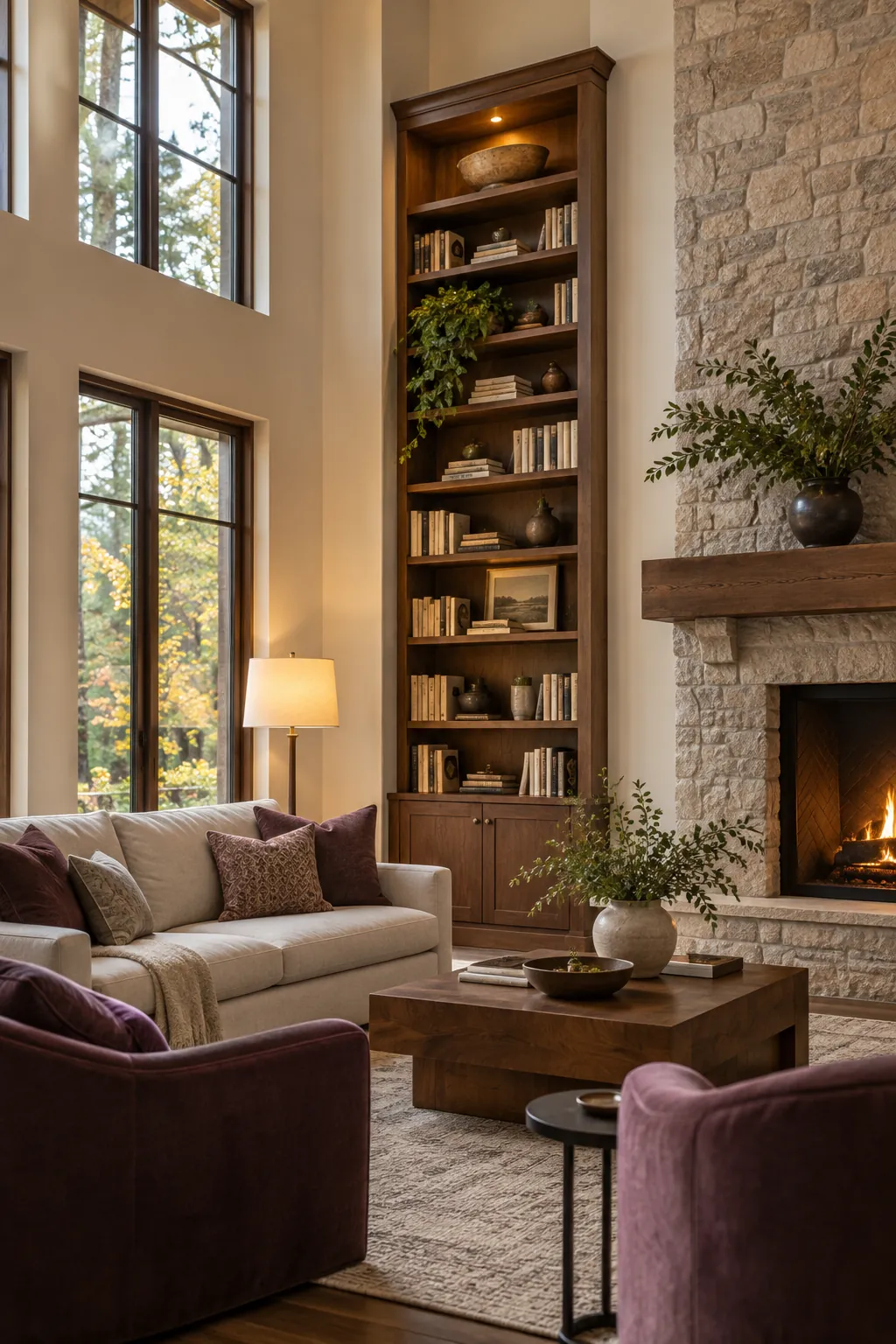 Add One Tall Bookcase in a cozy high ceiling living room