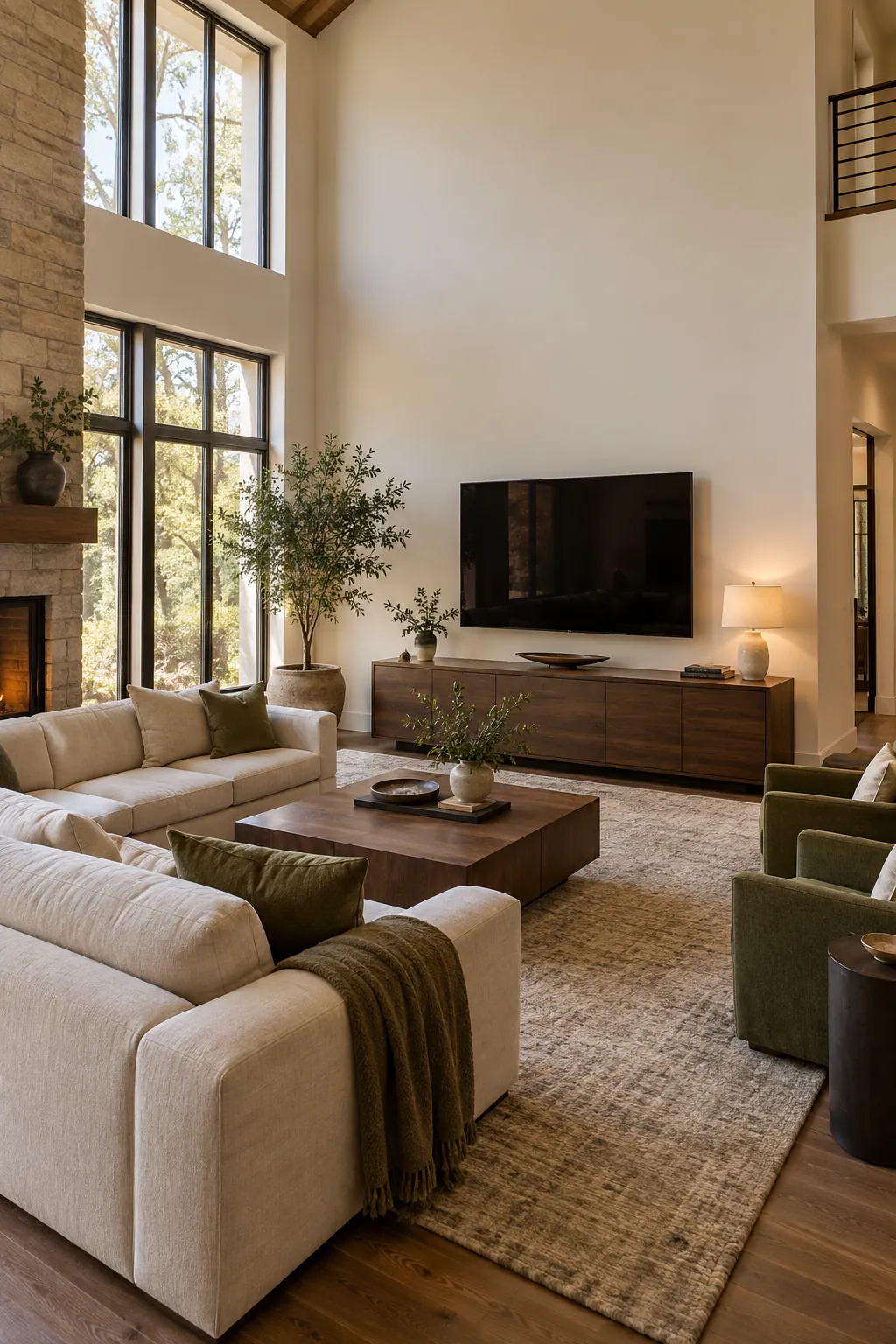 Use a Broad Console Under the Television in a cozy high ceiling living room