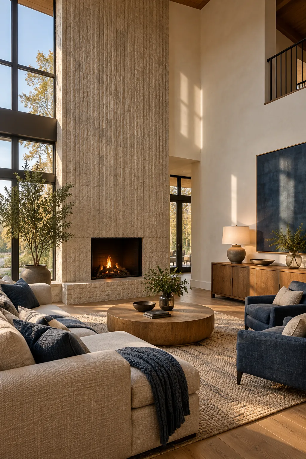 Bring in Full Length Texture in a cozy high ceiling living room