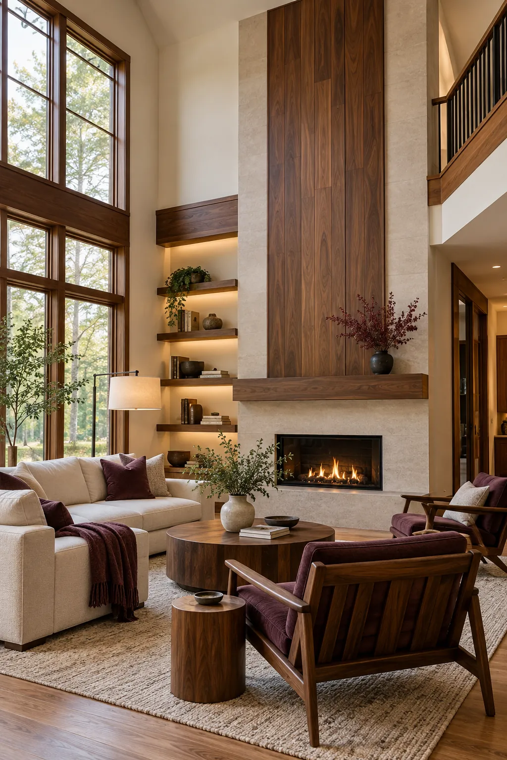 Repeat Wood at Several Heights in a cozy high ceiling living room