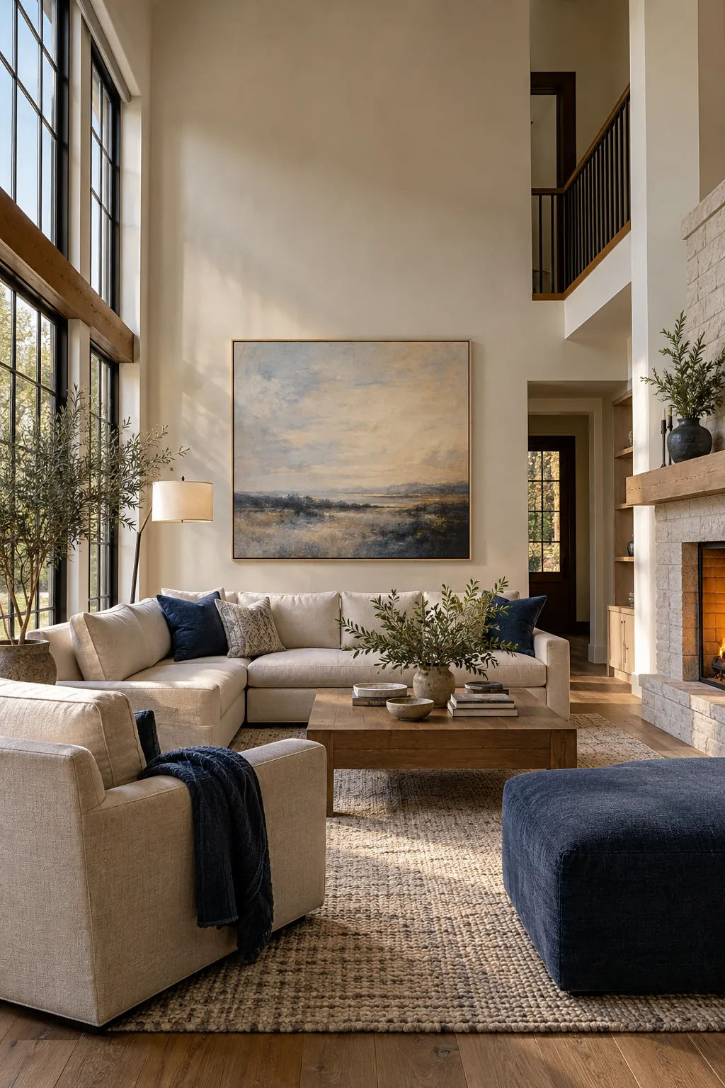 Use One Large Artwork at Eye Level in a cozy high ceiling living room