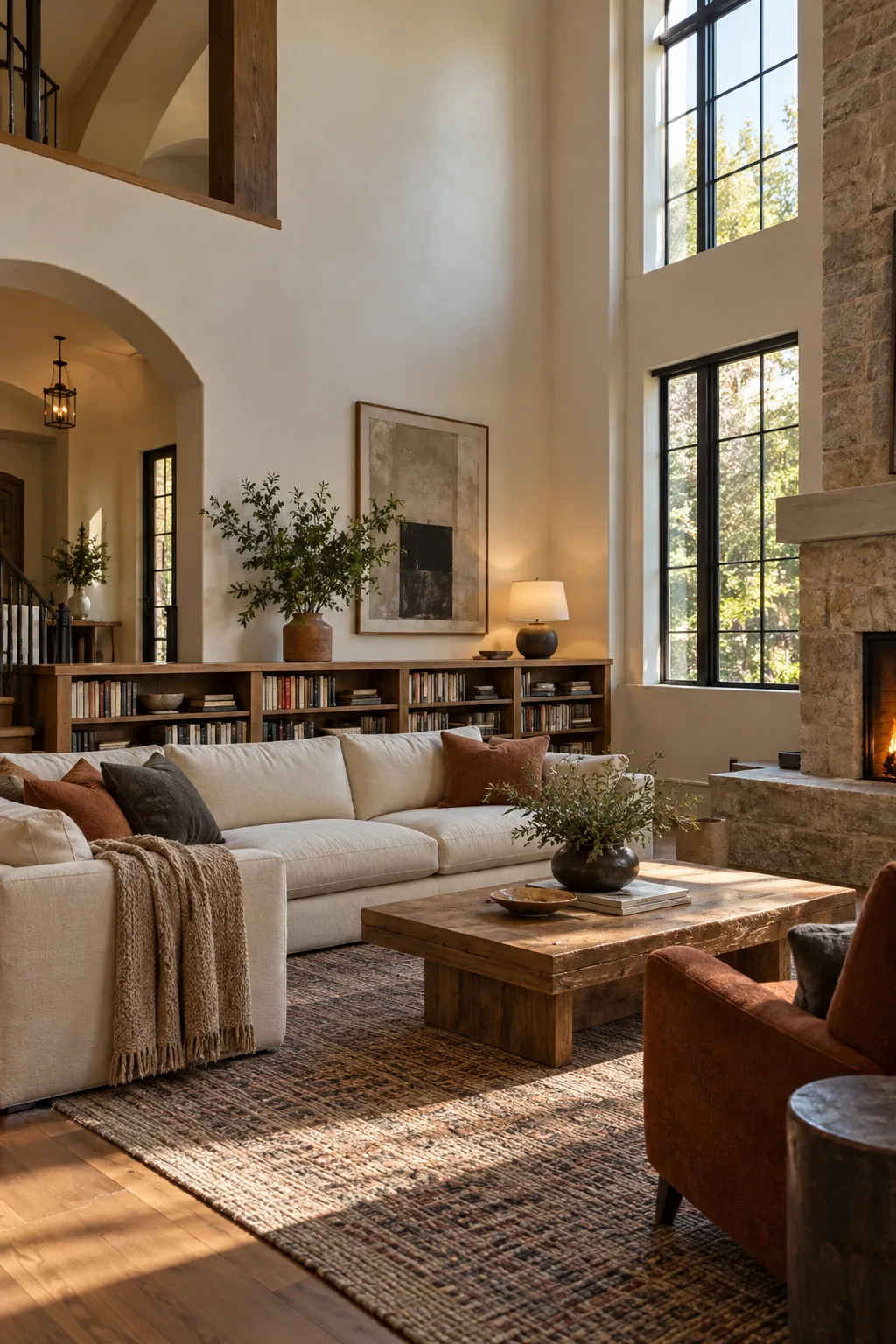 Create a Low Library Wall in a cozy high ceiling living room