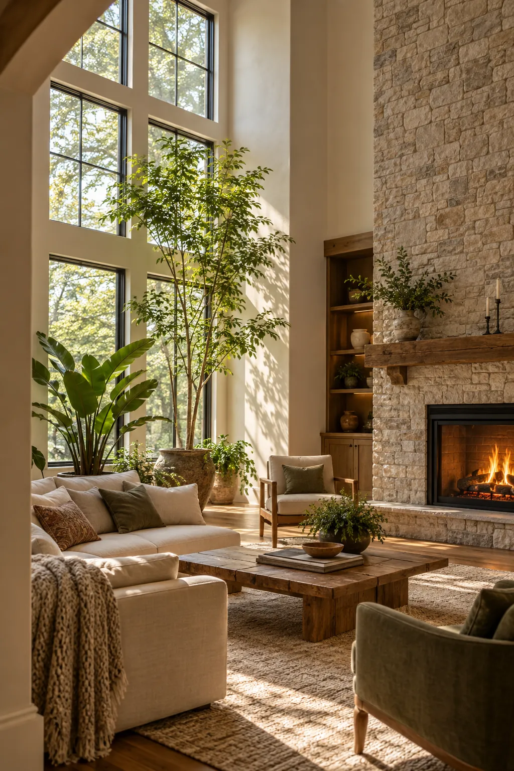 Place Tall Plants Near the Light in a cozy high ceiling living room
