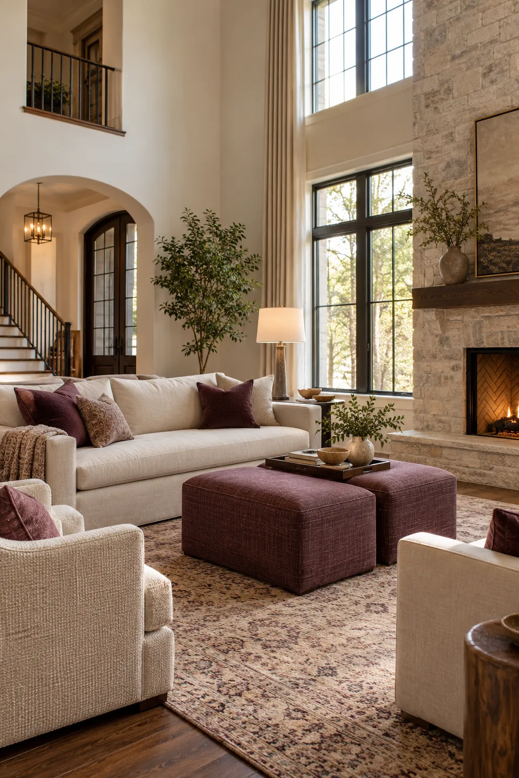 Add Upholstered Ottomans in a cozy high ceiling living room