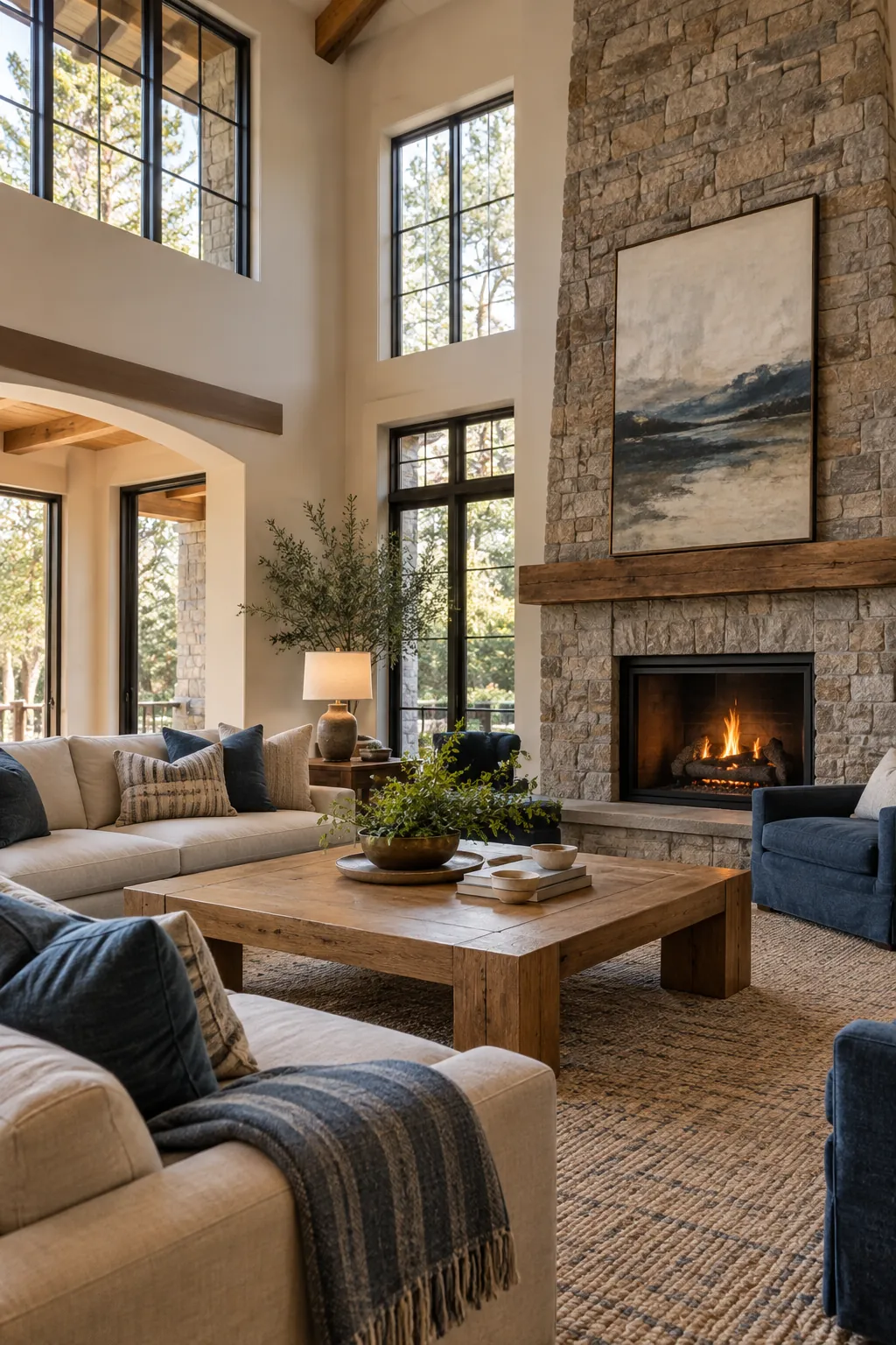 Choose a Substantial Coffee Table in a cozy high ceiling living room